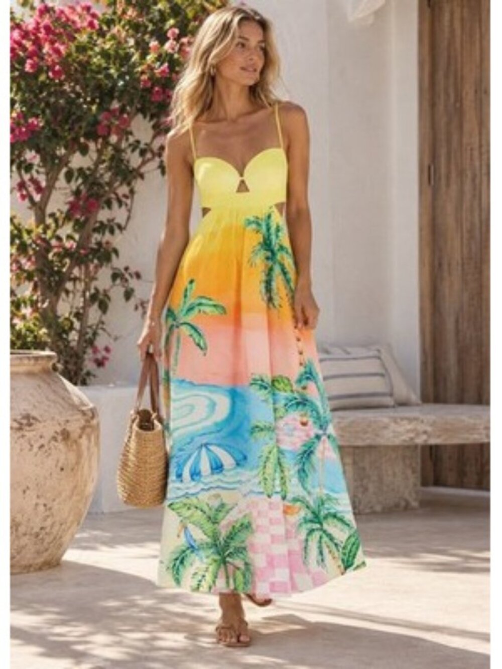 FARM RIO Beach Tropical Landscape Cutout Designer Maxi Dress Cotton NEW S Beach